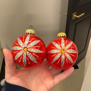Vintage West Germany Red and Gold Floral Starburst Ornaments